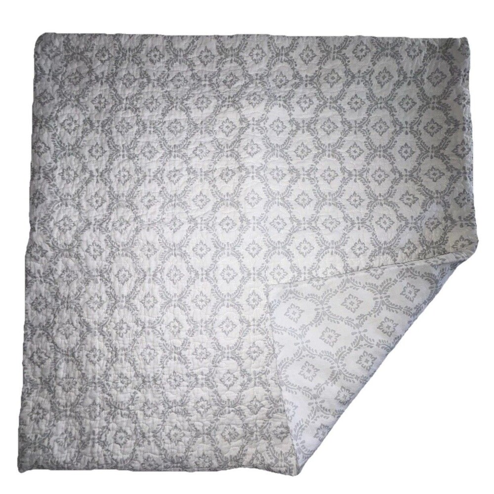 Laura Ashley European Single Pillow Sham Gray White Floral Quilted Zip Close